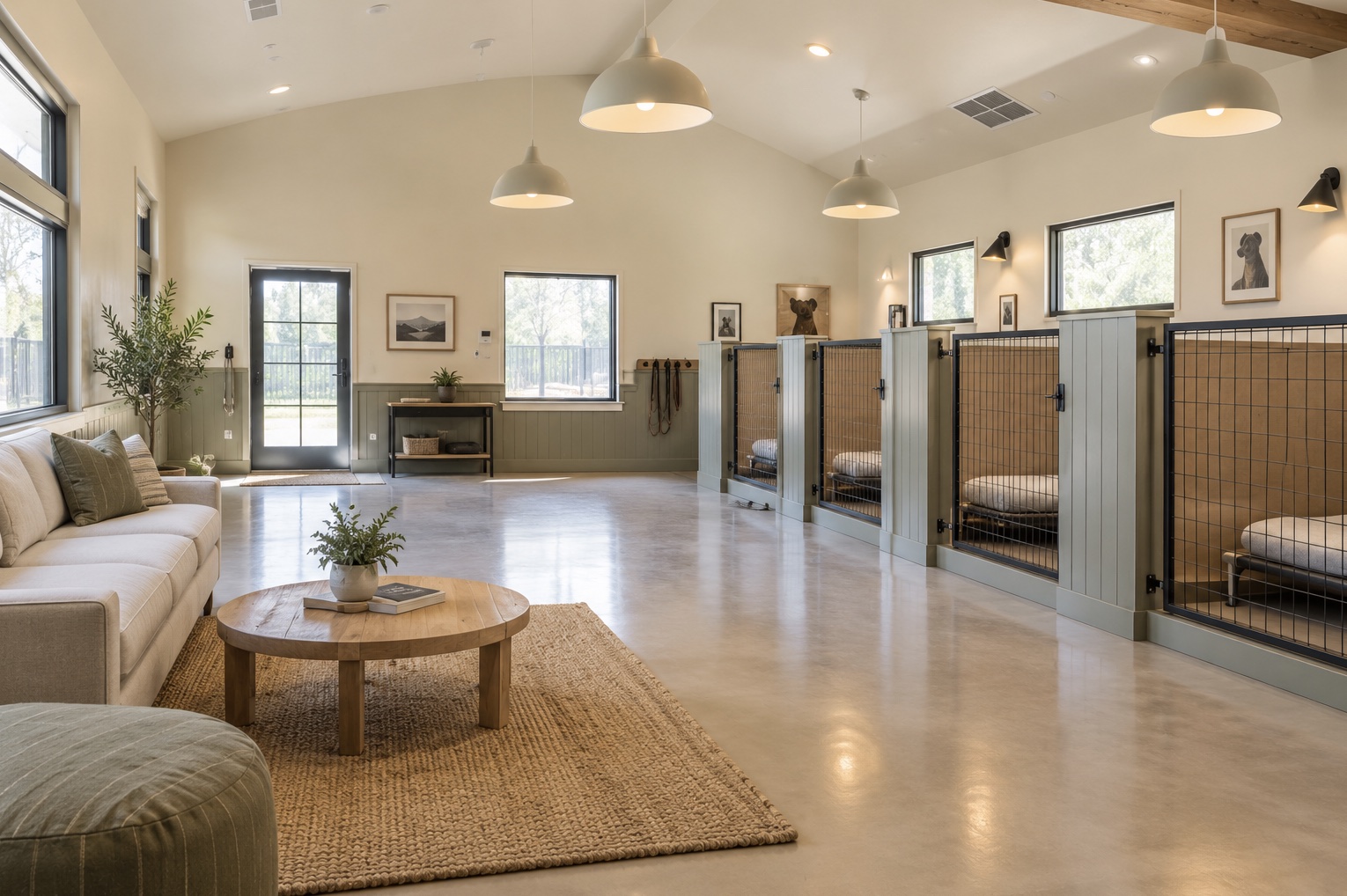 The board-and-train room: individual kennel suites with raised beds, alongside a seating area.